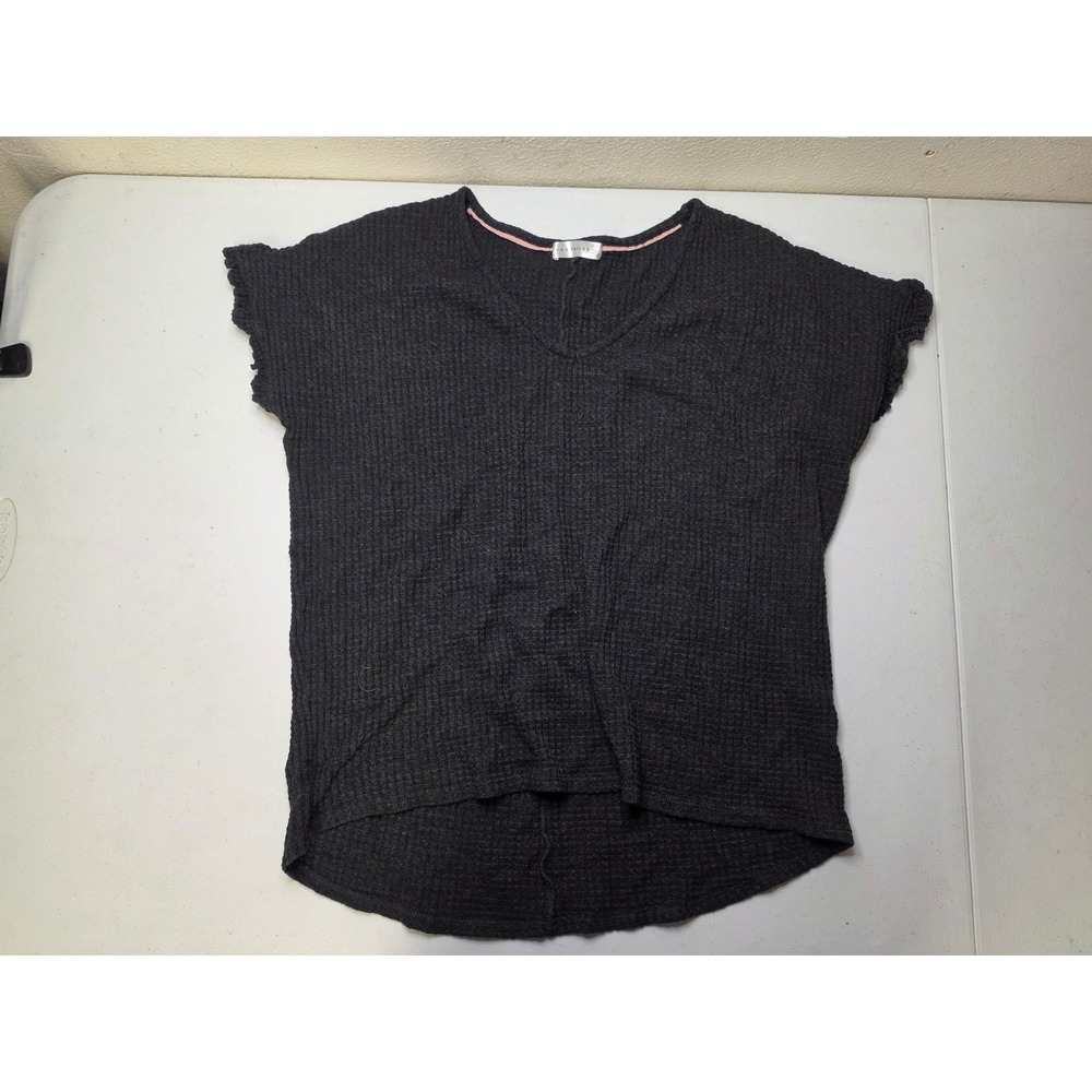 Retrology Womens XL Charcoal Gray Waffle Knit V-Neck Ruffle Sleeve Pocket Top